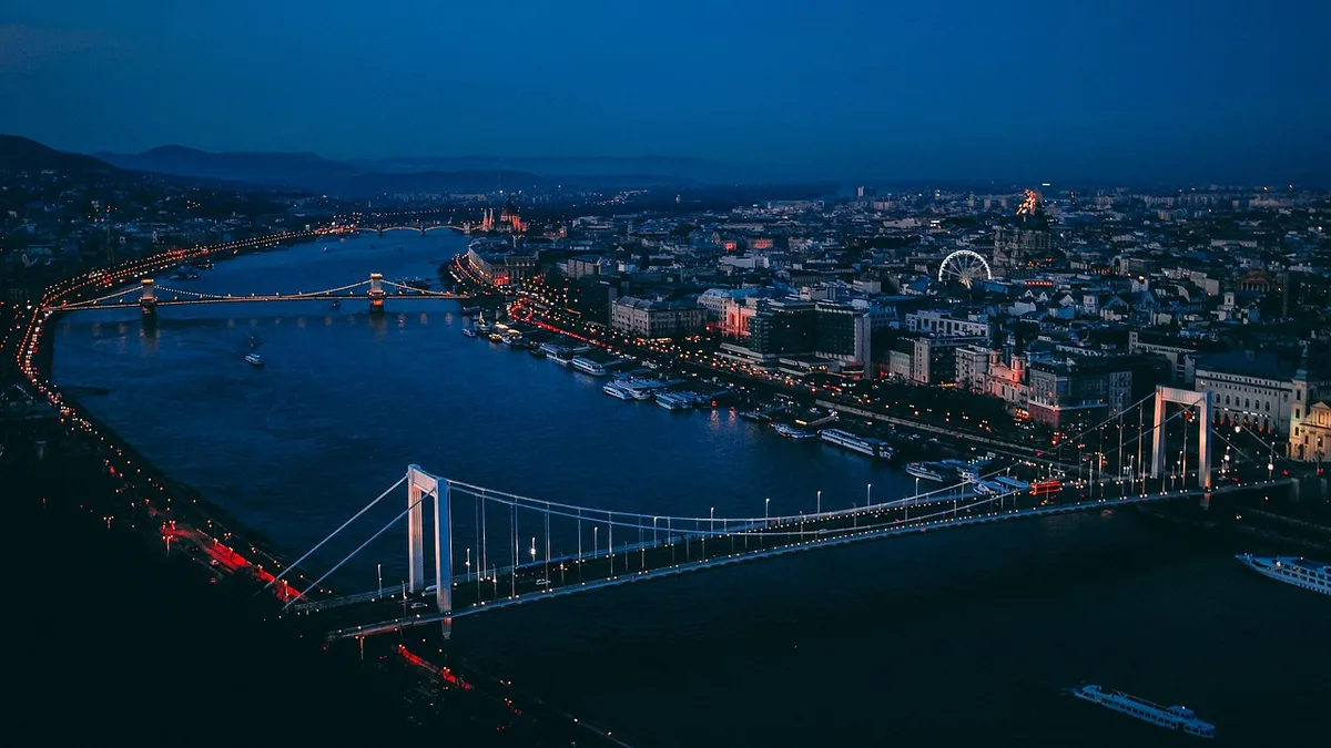 Aerial view of Budapest inner city showing the Danube riverbank of District V and the rooftops of District VII's Jewish Quarter